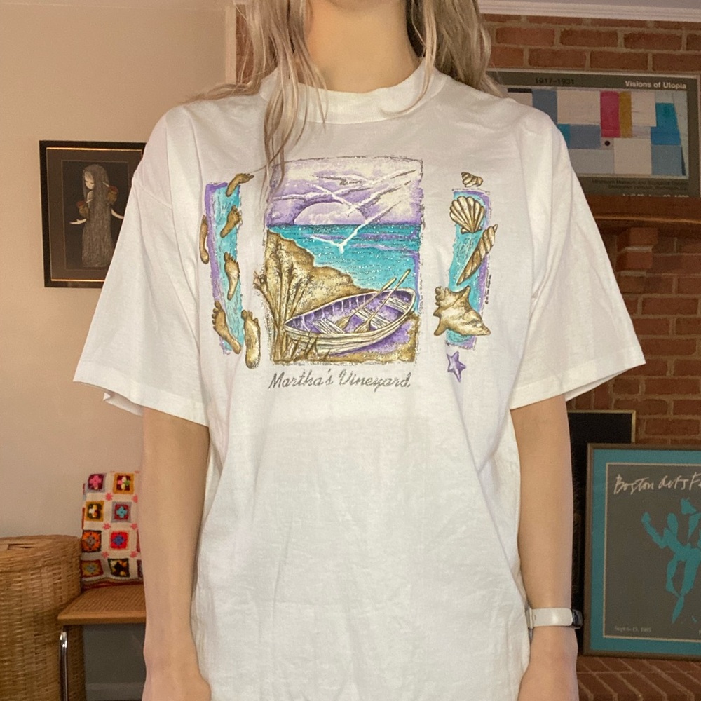 Vintage 1995 Martha's Vineyard Shell Footprint Boat Beach Scene Seagull … - Picture 2 of 16